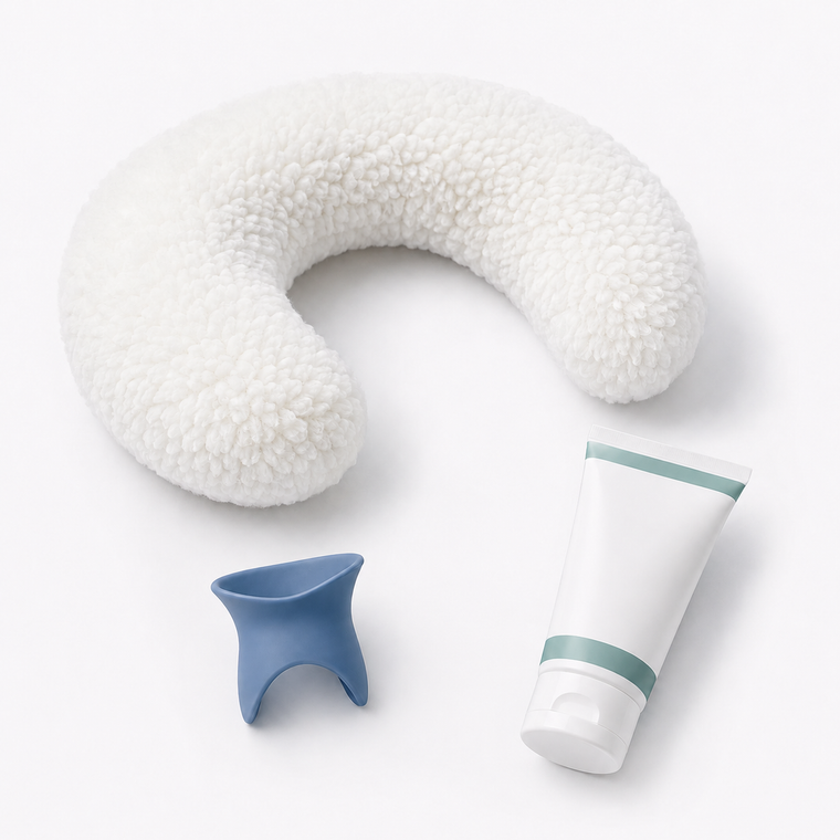 Face-down recovery comfort kit with faux-wool face-rest cover, reusable eye-drop guide, and topical cooling gel
