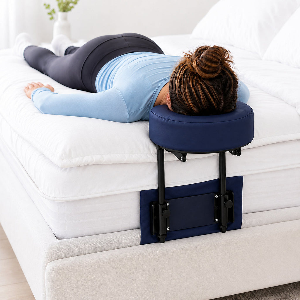 Adult patient using the face-down support system without mirror beside a bed