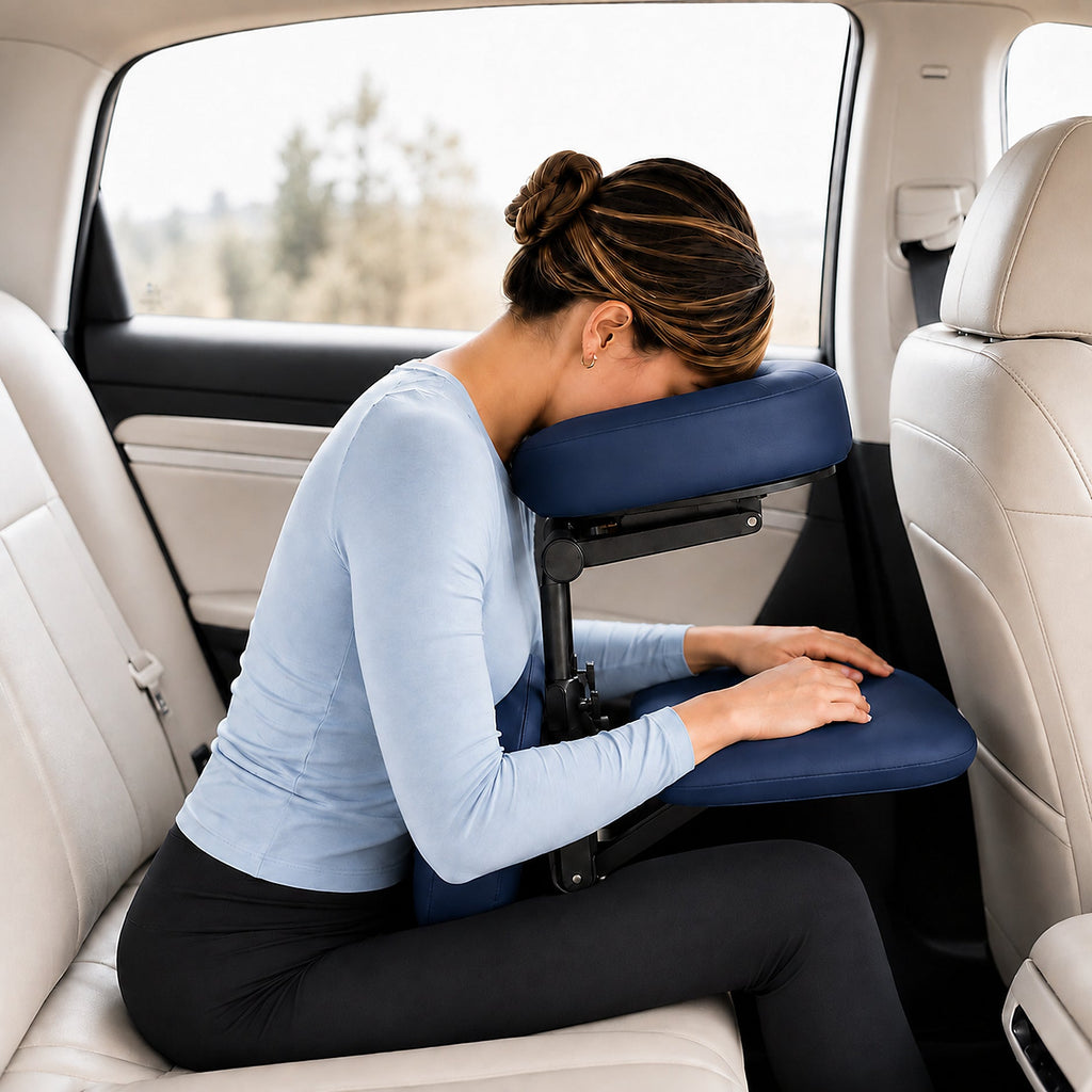 Adult patient using the face-down support system without mirror in the back seat of a car
