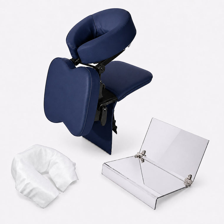 Complete navy face-down support system with two-way mirror and face-rest cover