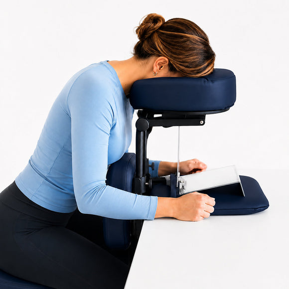 Complete navy face-down support system with two-way mirror and face-rest cover