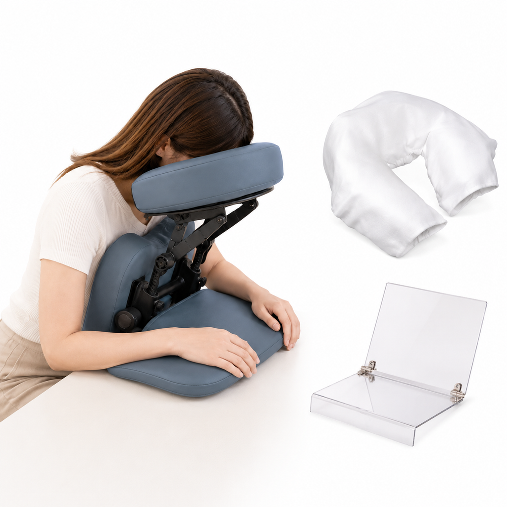 Patient using a tabletop face-down support system with included cover and two-way mirror