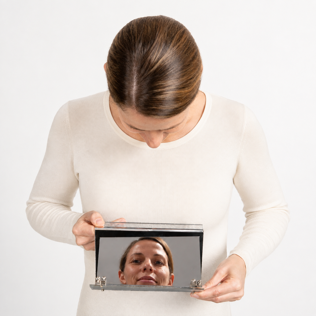 Two-way mirror showing a clear forward-facing reflection on a clean studio background